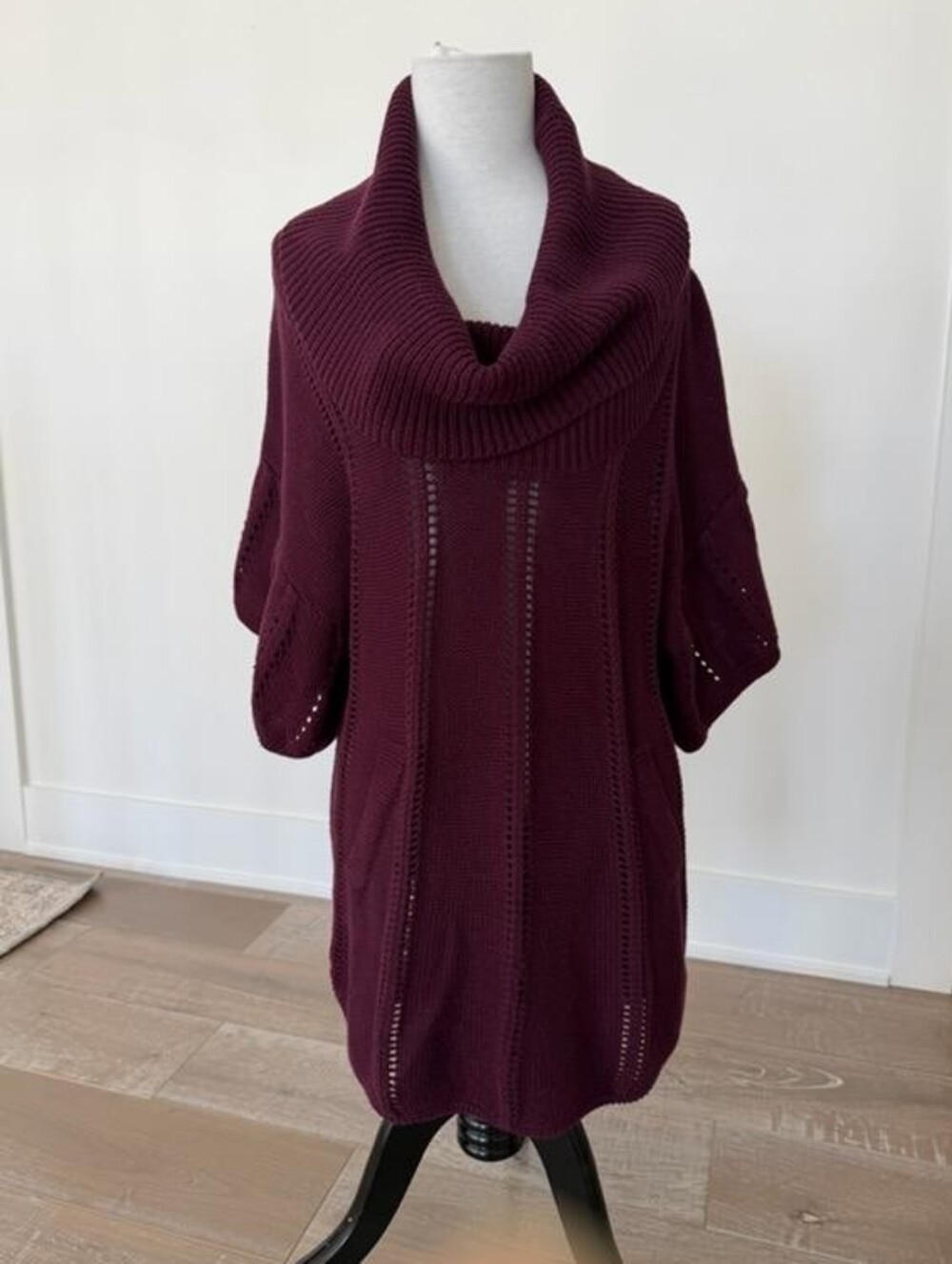 BCBGMAXAZRIA Pointelle Cowl Neck Merino Wool Blend Sweater Burgundy Size Large
